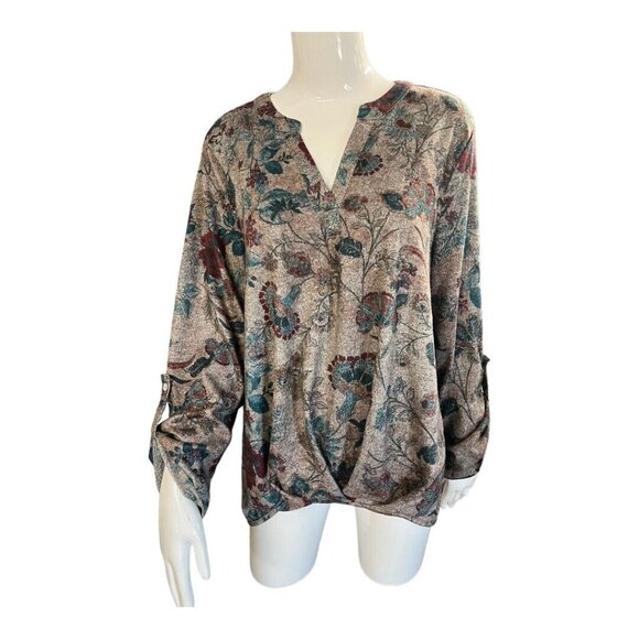 Song n Spirit Floral Hi Lo Top~Size XL~Multi Fall Color Roll Tab Sleeves L4 15 - Picture 2 of 11